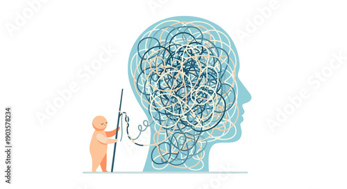 Minimalist Illustration of Untangling String from Head with Stick Concept