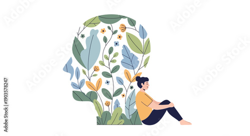 Modern Flat Illustration of Serene Woman Meditating Beside Human Head Filled with Nature for Mental Health Concept