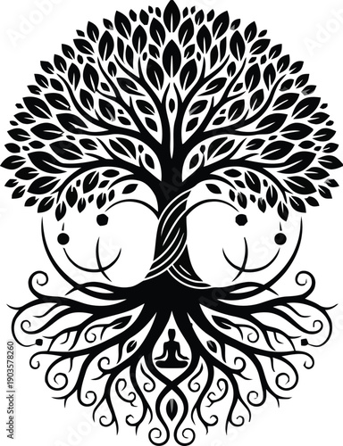 Tree of Life with Roots, Branches, and Meditating Silhouette Symbol