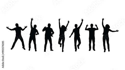 Silhouettes of people dancing joyfully in a line with arms raised Vector