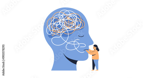 Minimalist Flat Illustration of Woman Untangling Chaos from Mind Concept