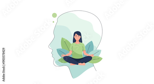 Minimalist Flat Woman Meditating Inside Head Silhouette with Leaves Illustration