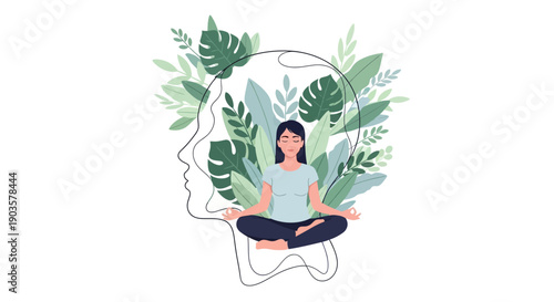 Artistic Illustration of Woman Meditating with Foliage Inside Head Silhouette Concept