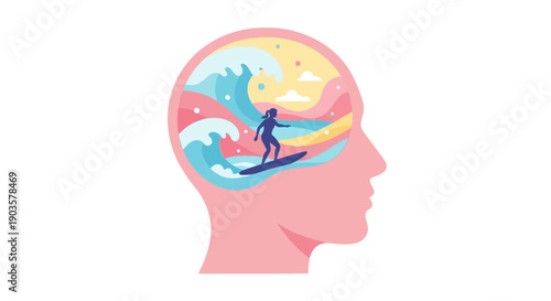 Minimalist Head Silhouette with Surfer and Ocean Inside Illustration Graphic