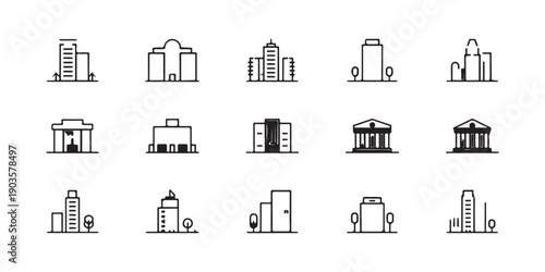 Government building outline icon set for urban planning architecture municipal city landmarks and office