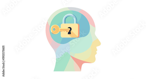 Flat Conceptual Head with Lock and Key Security Mental Health Illustration