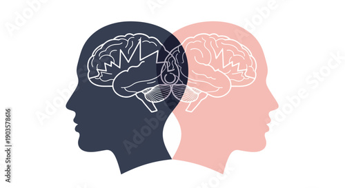 Minimalist Flat Two Heads with Brain Connection Neurology Illustration