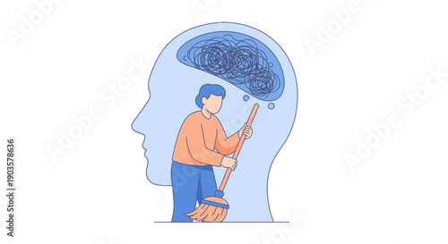 Flat Illustration Cleaning Mind Concept With Person And Broom Stick