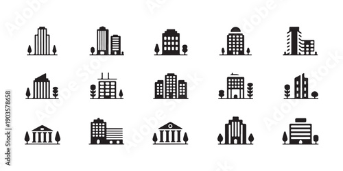 Set of building icons, collection of real estate signs, city architecture vector silhouette bundle
