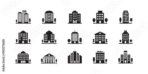 Diverse city buildings and architectural styles in simple black outline icon set