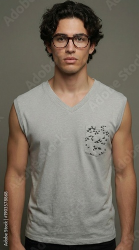 Joven modelo latino internacional con actitud. segura y mirada fija a la camara.