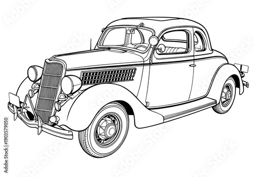 Vintage 1930s classic coupe car line art illustration