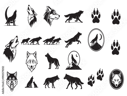 Collection of wolf silhouettes and paw prints in various designs