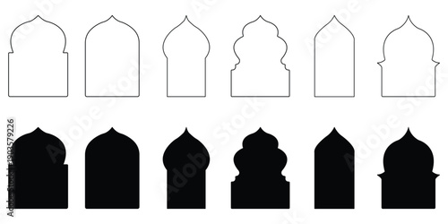 Old mosque windows shape in oriental style. Islamic door set, flat arabic frames or arabian arches silhouette. Muslim architecture geometric design elements.  Accents for Festive Celebrations.