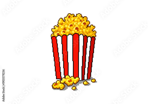 Pixel art illustration of a classic red and white striped movie theater popcorn bucket overflowing with yellow buttery snacks.