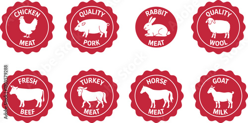 Animal product labels, meat and dairy icons, wool symbol, chicken pork rabbit cow turkey horse goat, scalloped badge design, cad drawing flat vector illustration