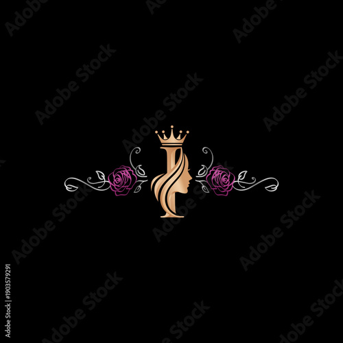 Elegant Queens Initial I with Crown and Floral Ornaments.