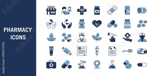 Pharmacy and Healthcare Line Icon Set with Medicine, Pills, Prescription, Medical Supplies, Treatment, and Drugstore Symbols for Health, Web, App, and UI Design
