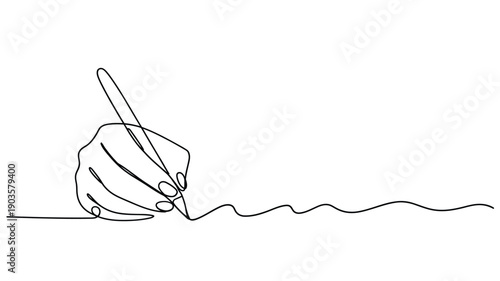 A continuous line drawing of a hand writing with a pen