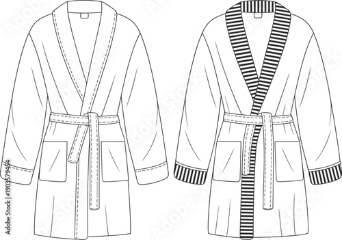 Bathrobe fashion illustration, technical drawing, garment design, shawl collar, patch pockets, waist belt, striped detailing, textile pattern, cad drawing flat vector illustration