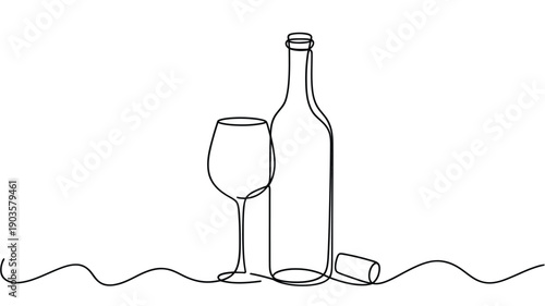 Continuous line drawing of a wine bottle glass and cork