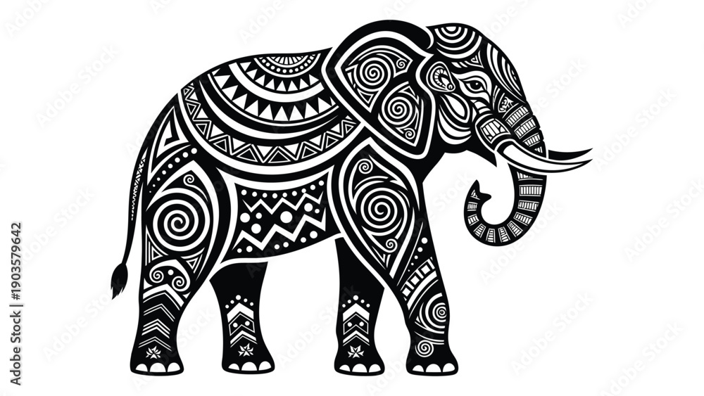 Naklejka premium Intricate black and white illustration of an elephant with detailed patterns Vector