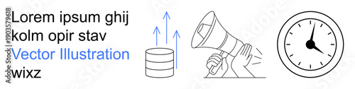 Data sharing, digital communication, marketing strategy, time management, workflow optimization, business efficiency. Megaphone, clock and dataset icons. Data sharing and digital communication idea