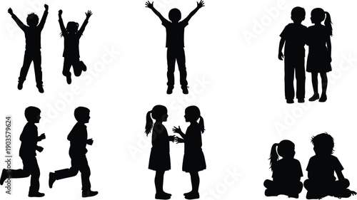 Collection of black silhouettes of happy children playing jumping running and sitting in various group poses isolated on white background for childhood education concept designs