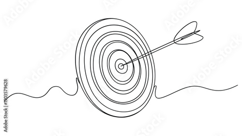 A black and white line drawing of a dart hitting a target center