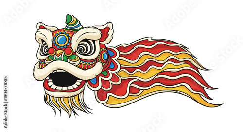 Vector illustration of a colorful lion dance head with red, gold, and blue decorations against a clean white background.