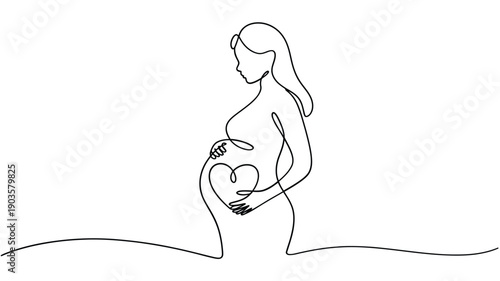 Elegant one line drawing of a pregnant woman with a heart over her belly