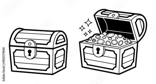 Black and white cartoon treasure chests closed open filled with coins and gems
