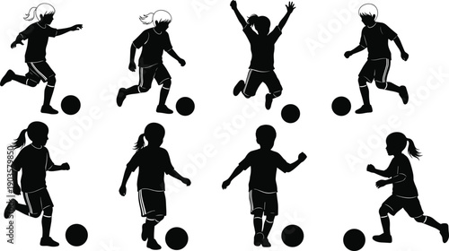 Set of black silhouettes of little children boys and girls playing football and soccer running and kicking ball isolated on white background for sport concept(25 words)