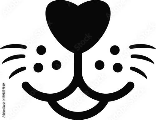 Cat face illustration, abstract design, heart nose, whisker pads, curved lines, playful artwork, minimalist motif, decorative symbol, cad drawing flat vector illustration