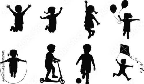 Children silhouettes, jumping, dancing, skipping, balloons, playful activities, outdoor fun, running, scooter riding, kite flying, joyful motion, cad drawing flat vector illustration