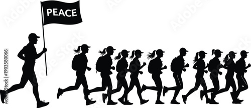 Set of black silhouettes of running people men and women jogging with leader carrying peace flag isolated on white background for freedom concept (22 words)