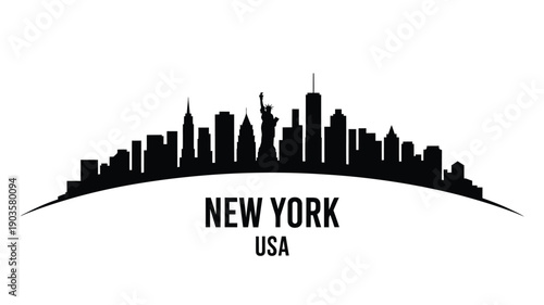 A black silhouette of the new york city skyline with text below