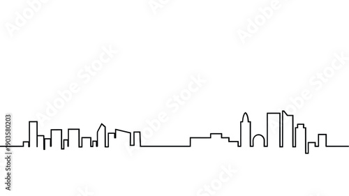 Minimalist line art depicts a sprawling city skyline in black and white