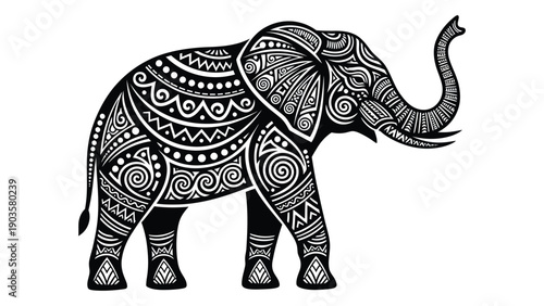 Intricate black and white illustration of an elephant with a detailed pattern Vector