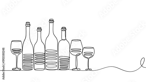 Minimalist line art depicting wine bottles and glasses in a single stroke