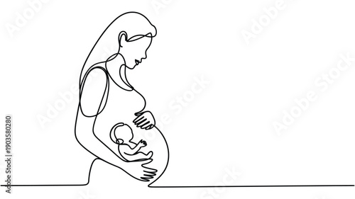 Continuous line drawing of a pregnant woman cradling her belly