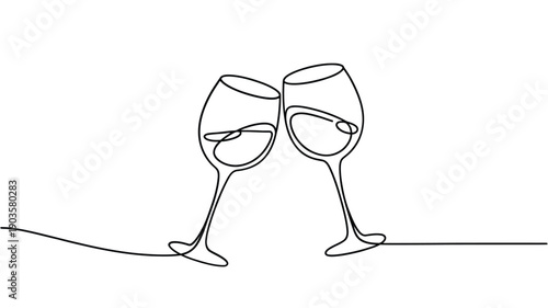 Minimalist line art illustration of two wine glasses toasting together