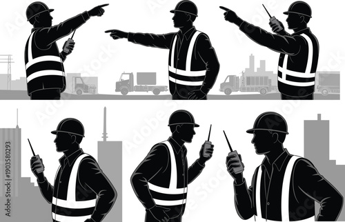 Construction worker silhouettes, safety vests, hard hats, walkie-talkie communication, industrial teamwork, logistics environment, trucks, buildings, skyscrapers, cad drawing flat vector illustration