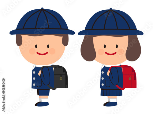 ランドセルを背負う小学生の子供のイラストセット