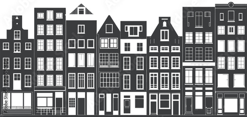 European townhouses silhouette, traditional architecture, Dutch style buildings, urban facade design, gabled roofs, historic cityscape, artistic illustration, cad drawing flat vector illustration