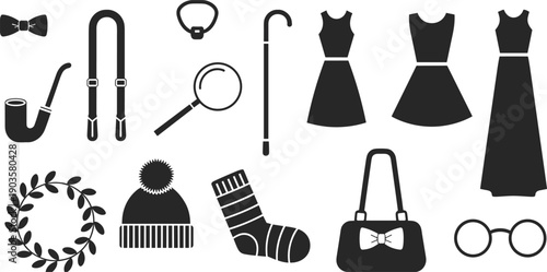 Fashion accessories silhouettes, vintage style icons, clothing items, bow tie, monocle, dresses, handbag, eyeglasses, stylish design, cad drawing flat vector illustration