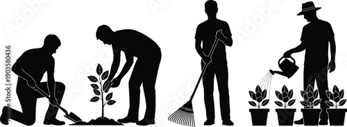 Set of black silhouettes of men gardeners working in garden planting trees watering flowers and raking leaves isolated on white background for nature concept(23 words)