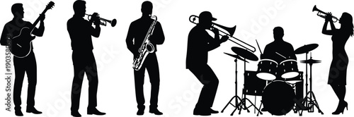 Set of black silhouettes of musicians men and women playing musical instruments guitar drums saxophone and trumpet isolated on white background for jazz band concept (24 words)