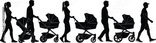 Set of black silhouettes of parents men and women walking with baby strollers and prams isolated on white background for family care concept (23 words)
