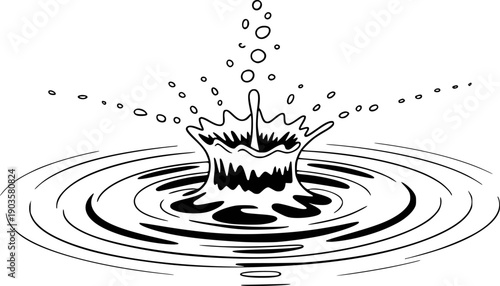 Dynamic black and white of a water splash with ripples and airborne droplets liquid